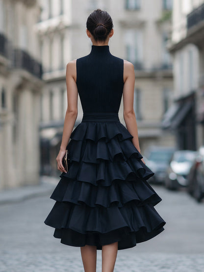 Zafren Navy Tiered Ruffle Sleeveless Dress