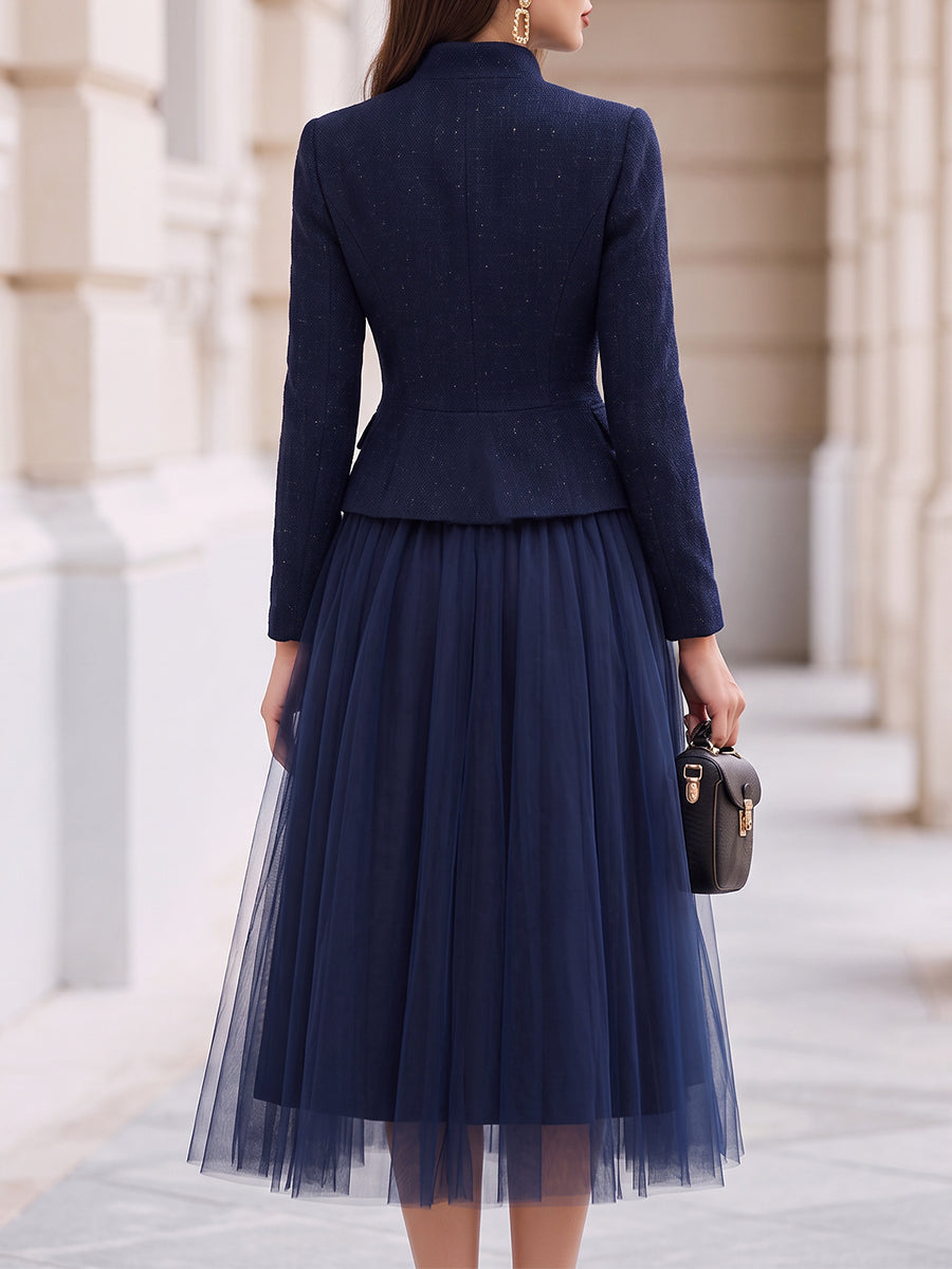Completo gonna in tulle e tweed blu navy Zafren