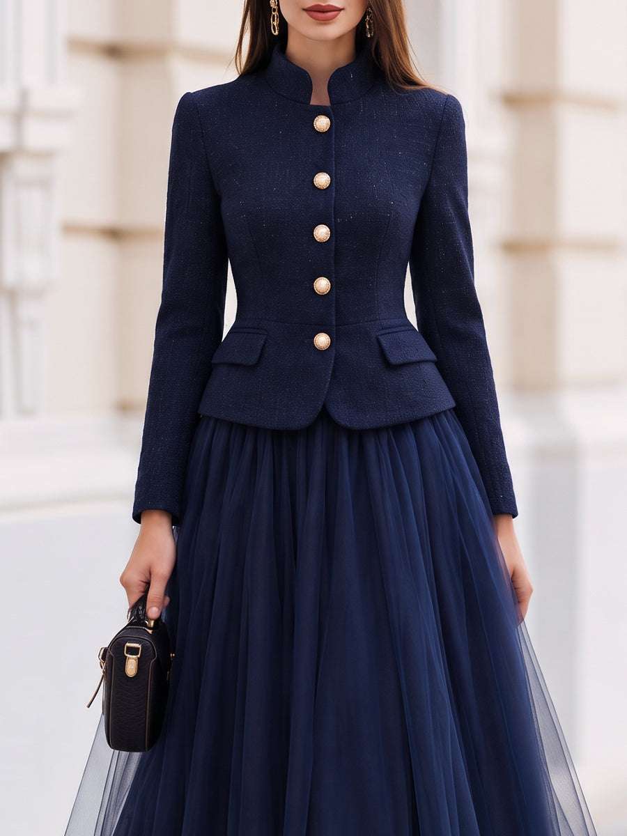Completo gonna in tulle e tweed blu navy Zafren