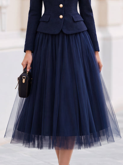 Completo gonna in tulle e tweed blu navy Zafren