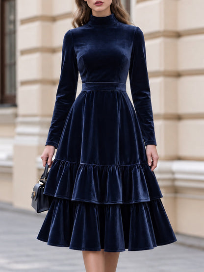 Zafren Navy Velvet Tiered Midi Dress