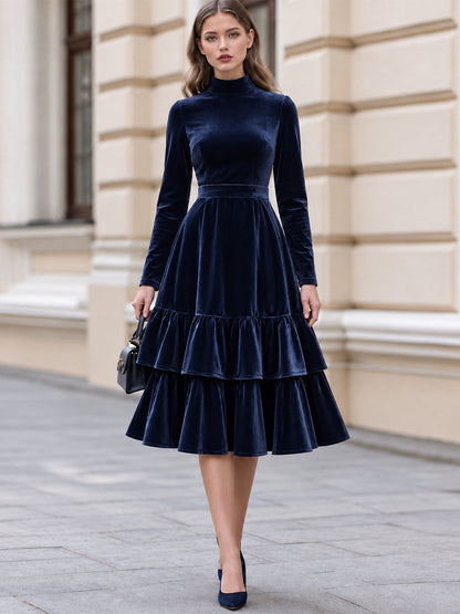 Zafren Navy Velvet Tiered Midi Dress