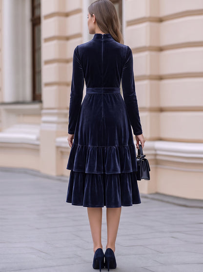 Zafren Navy Velvet Tiered Midi Dress