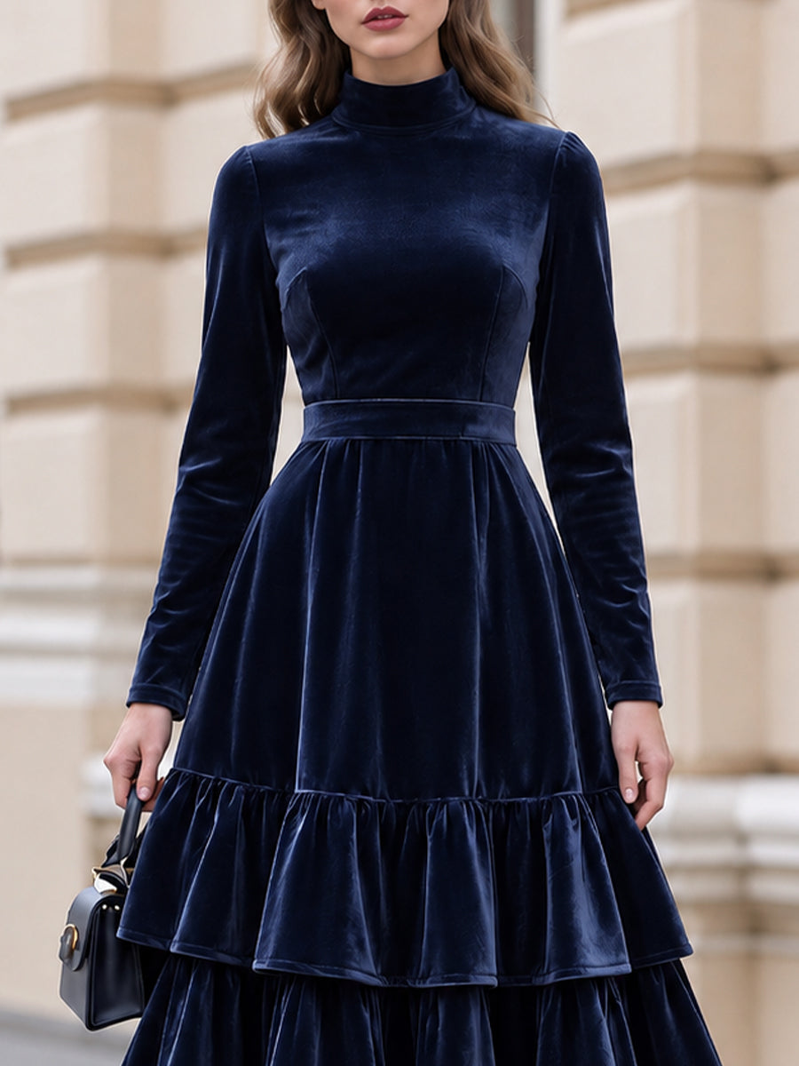 Zafren Navy Velvet Tiered Midi Dress