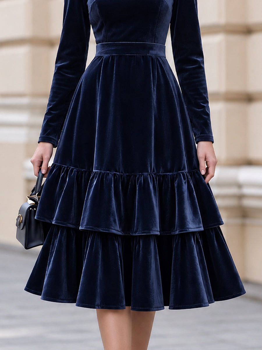 Zafren Navy Velvet Tiered Midi Dress