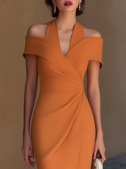 Zafren Off-Shoulder Ruched Wrap Midi Dress