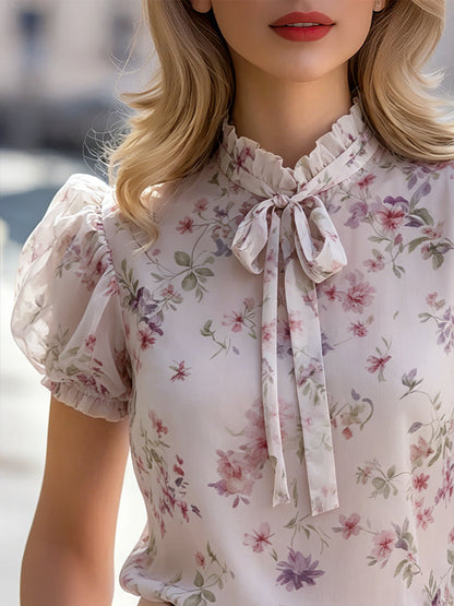 Zafren rosa bluse med blomstertrykk og pufferm