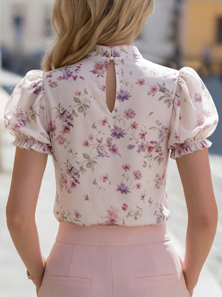 Zafren rosa bluse med blomstertrykk og pufferm
