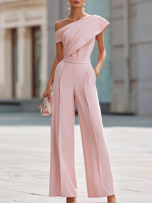 Zafren Pink One-Shoulder Wide-Leg Jumpsuit