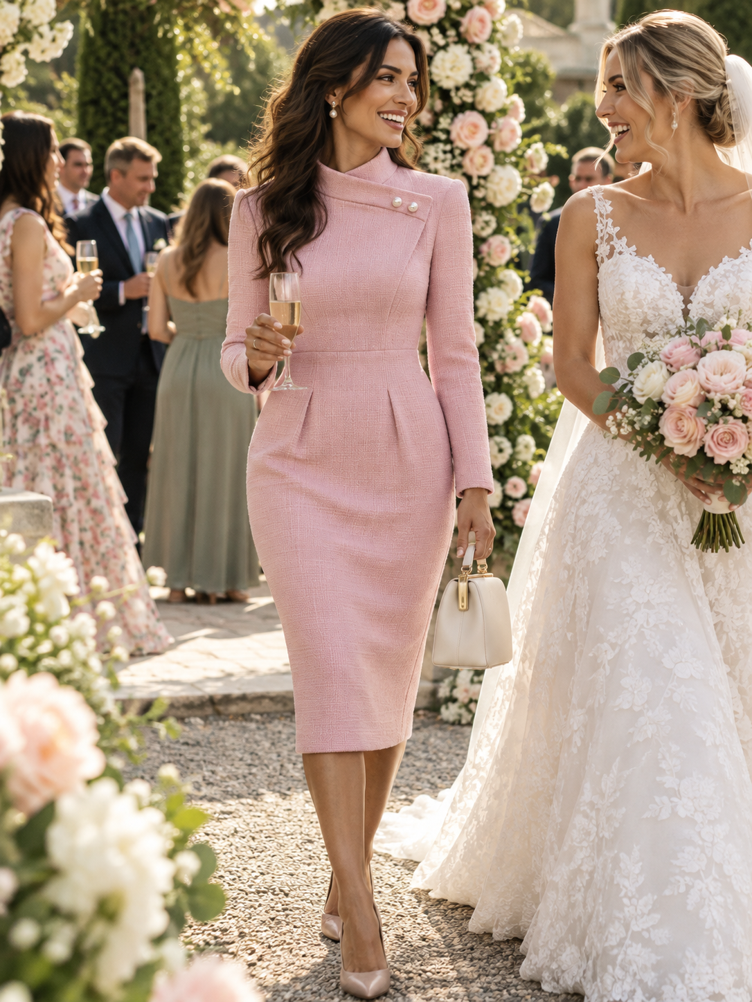 Zafren rosa tweedkjole med perleknapper