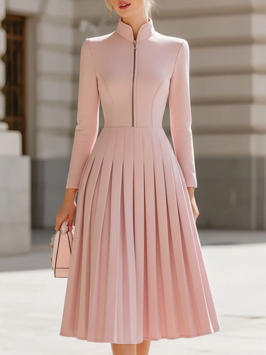 Zafren Pink Pleated Stand Collar Dress