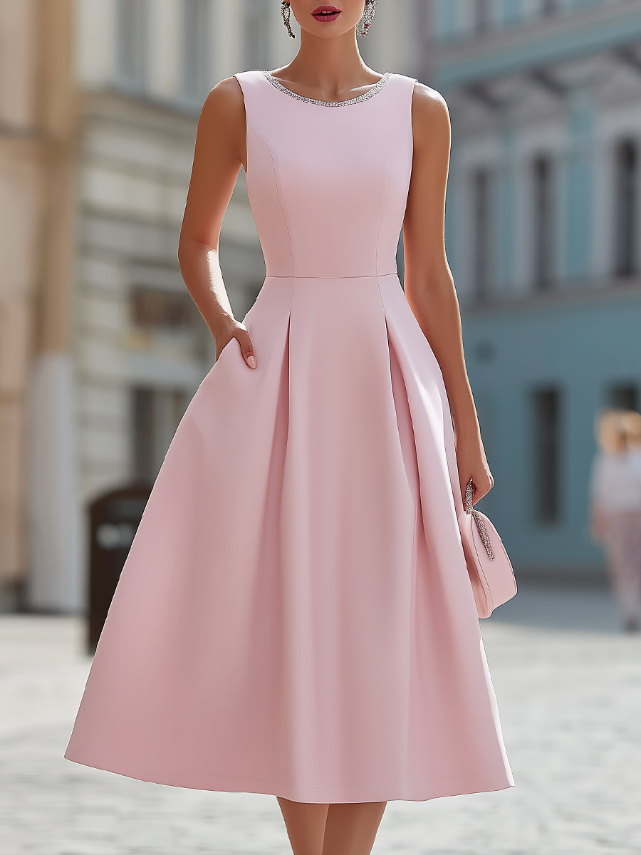 Abito midi Zafren rosa con scollo decorato con strass