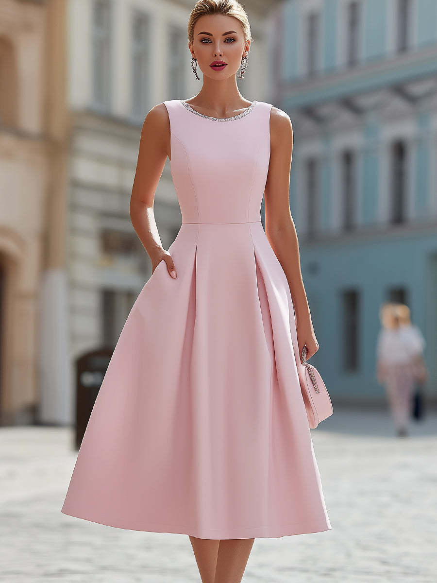Abito midi Zafren rosa con scollo decorato con strass