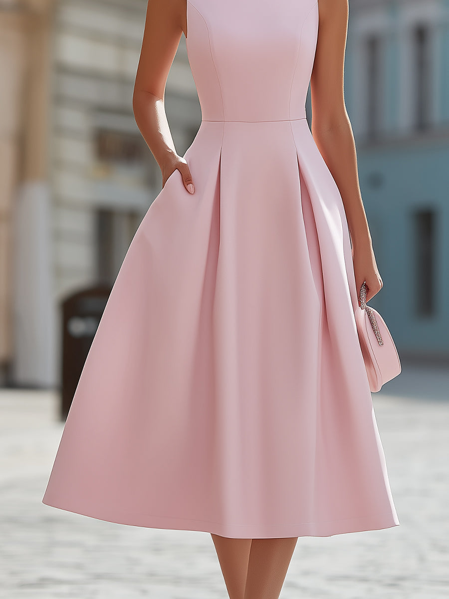 Abito midi Zafren rosa con scollo decorato con strass