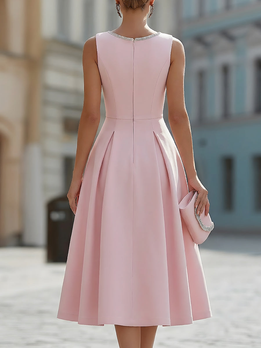 Abito midi Zafren rosa con scollo decorato con strass