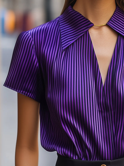 Zafren paarse satijnen blouse met krijtstrepen