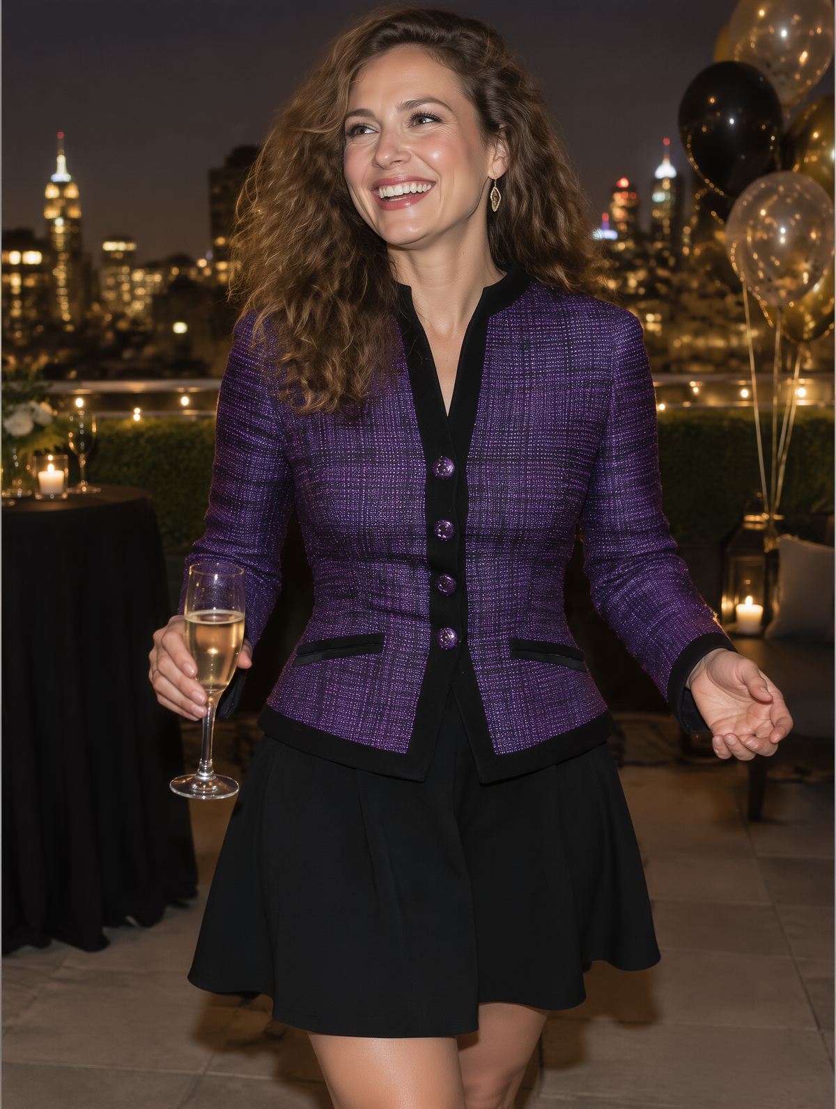 Chaqueta Zafren de tweed morado con cuello mandarín