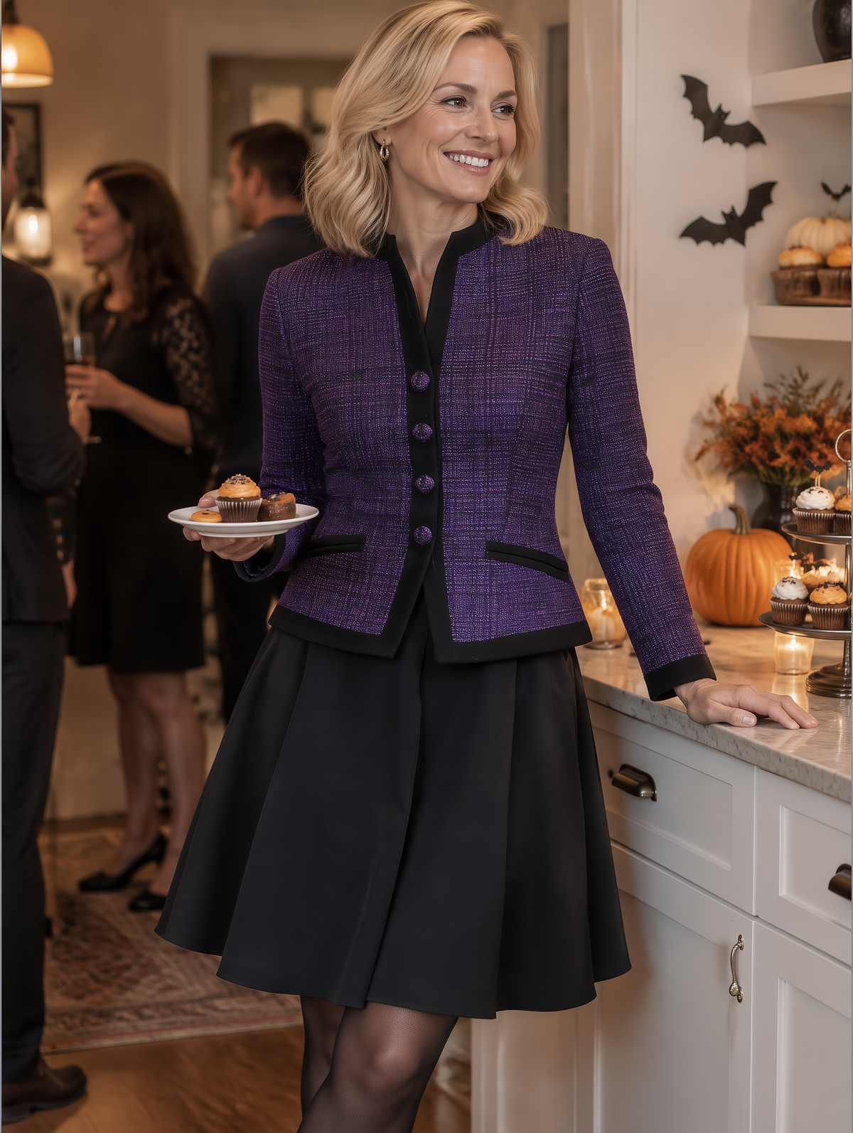 Chaqueta Zafren de tweed morado con cuello mandarín
