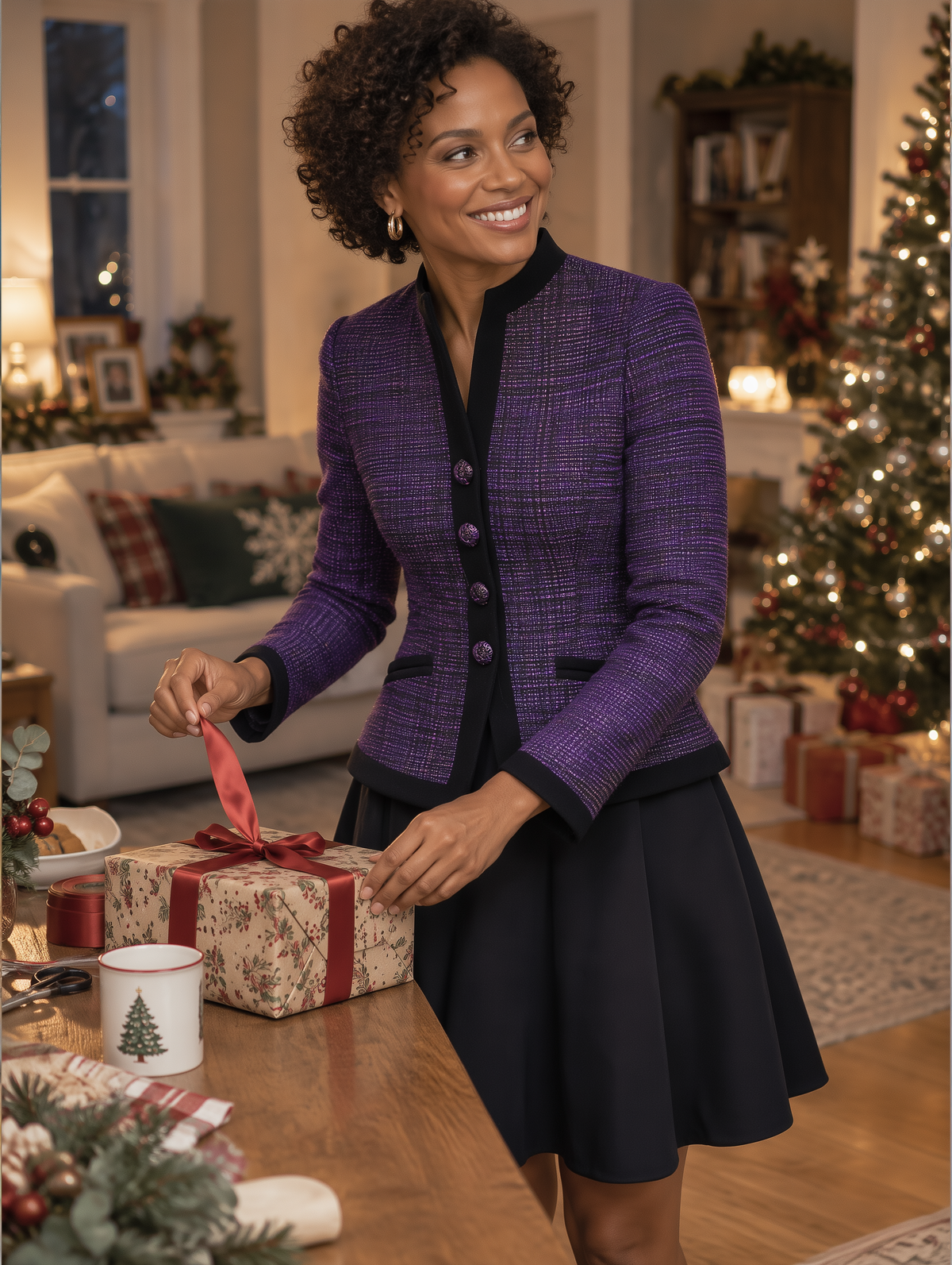 Chaqueta Zafren de tweed morado con cuello mandarín