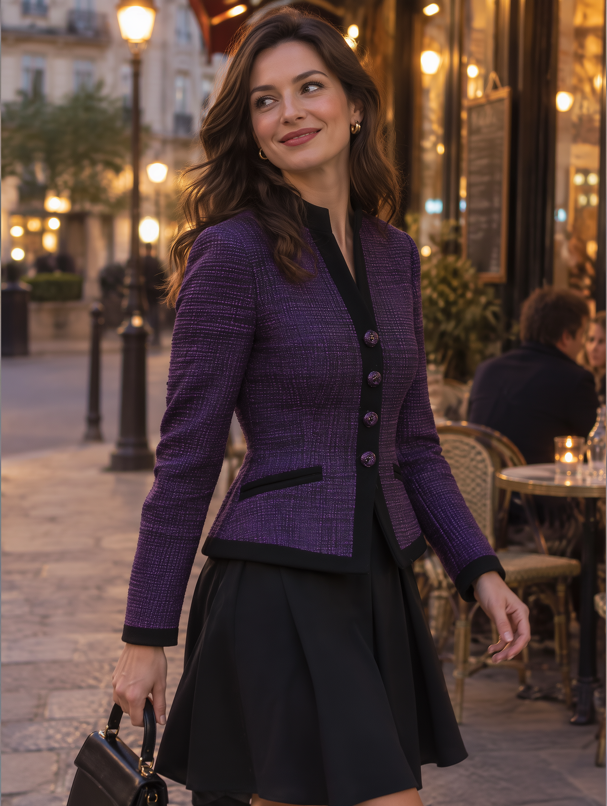 Chaqueta Zafren de tweed morado con cuello mandarín