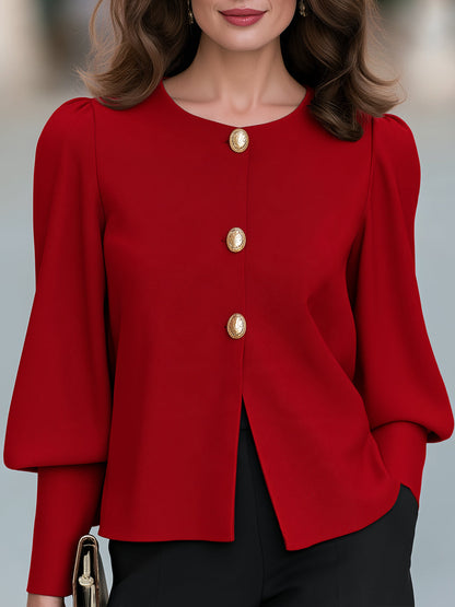 Zafren Red Puff Sleeve Button Blouse