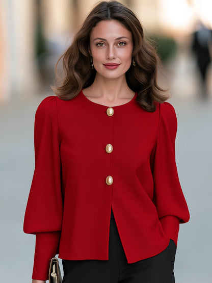 Zafren Red Puff Sleeve Button Blouse