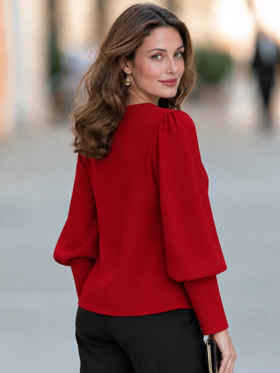 Zafren Red Puff Sleeve Button Blouse