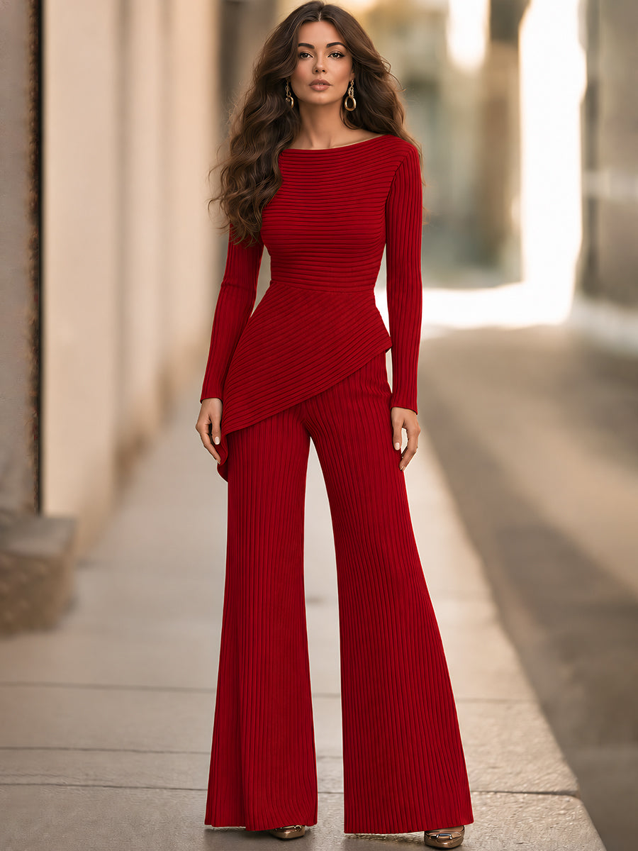 Set Zafren roșu de pantaloni cu nervuri și peplum