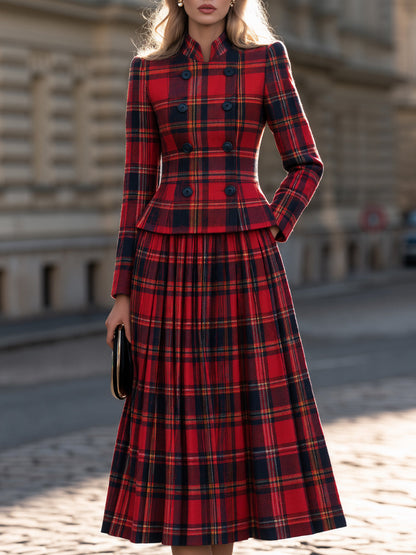 Conjunto Zafren vermelho de saia plissada com padrão tartan