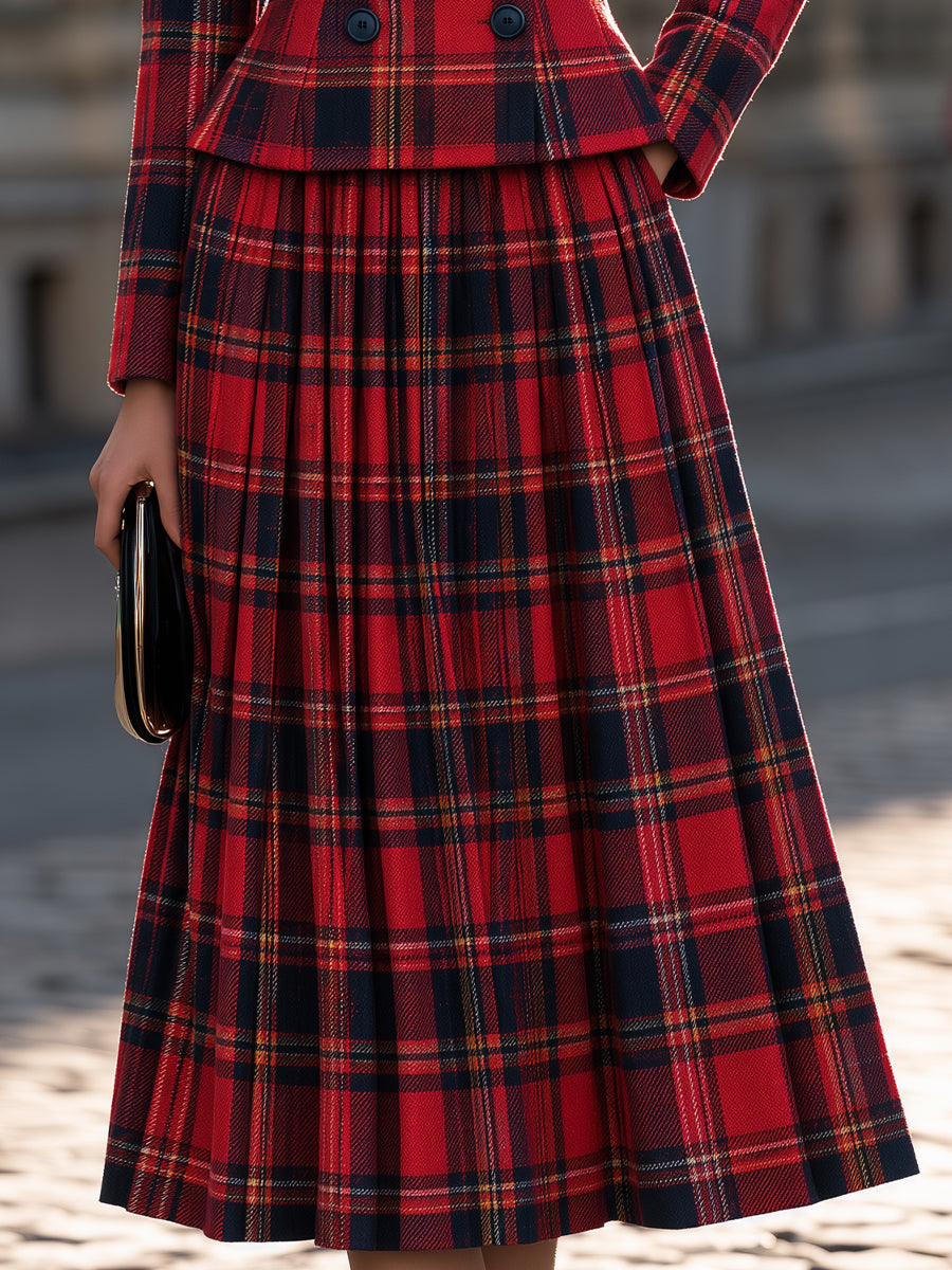 Conjunto Zafren vermelho de saia plissada com padrão tartan
