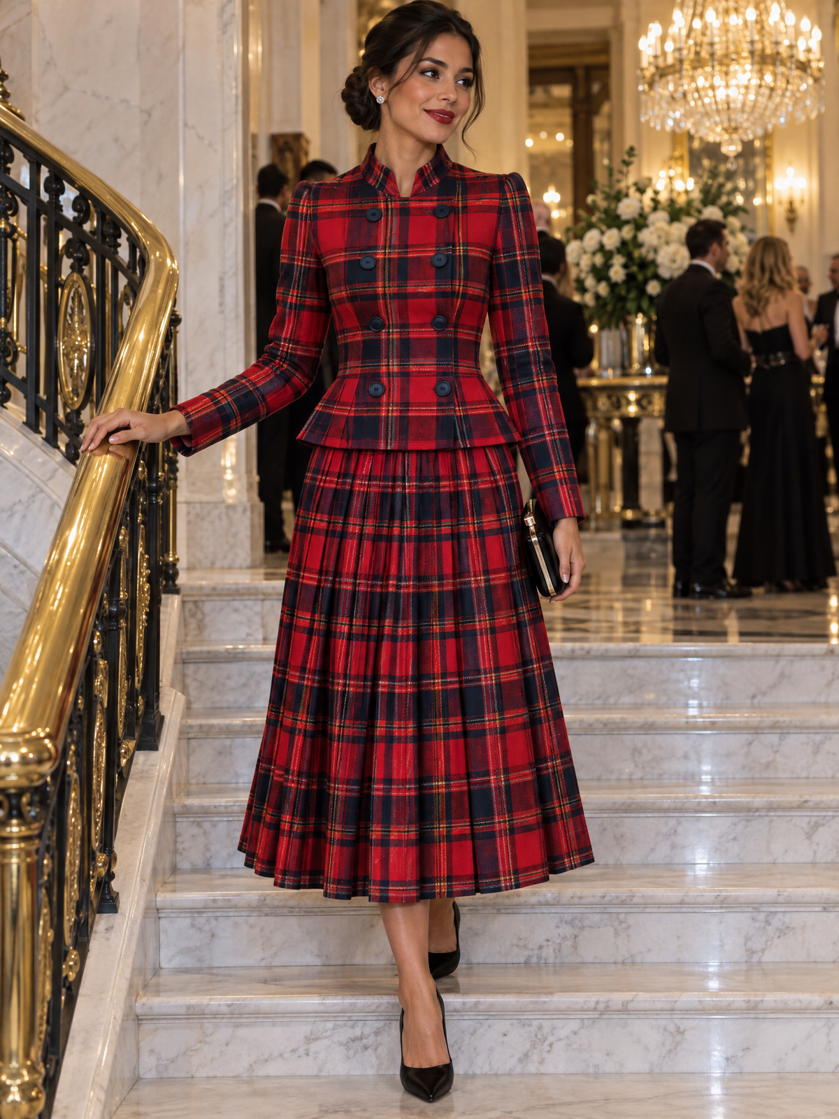 Conjunto Zafren vermelho de saia plissada com padrão tartan