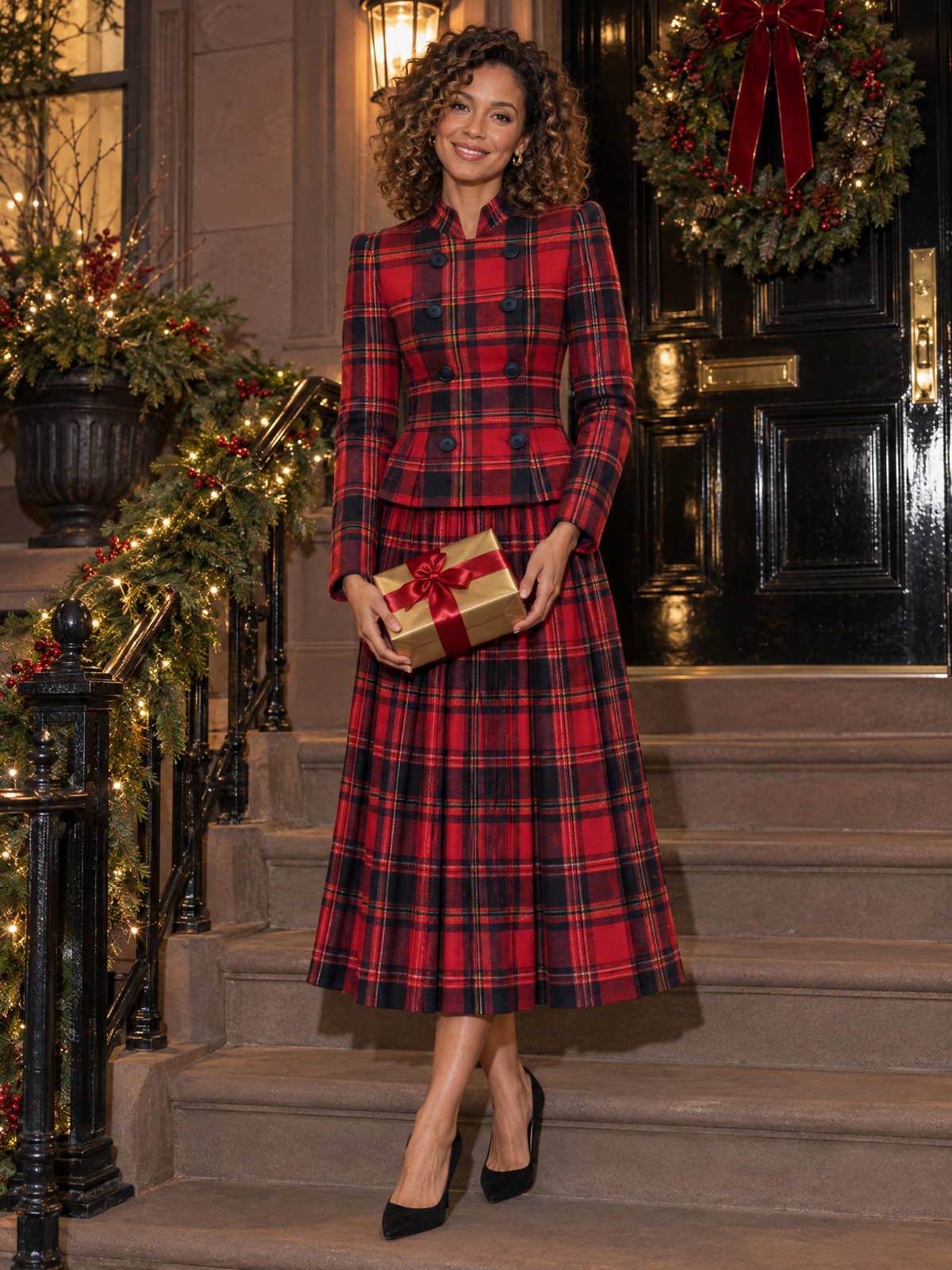 Conjunto Zafren vermelho de saia plissada com padrão tartan