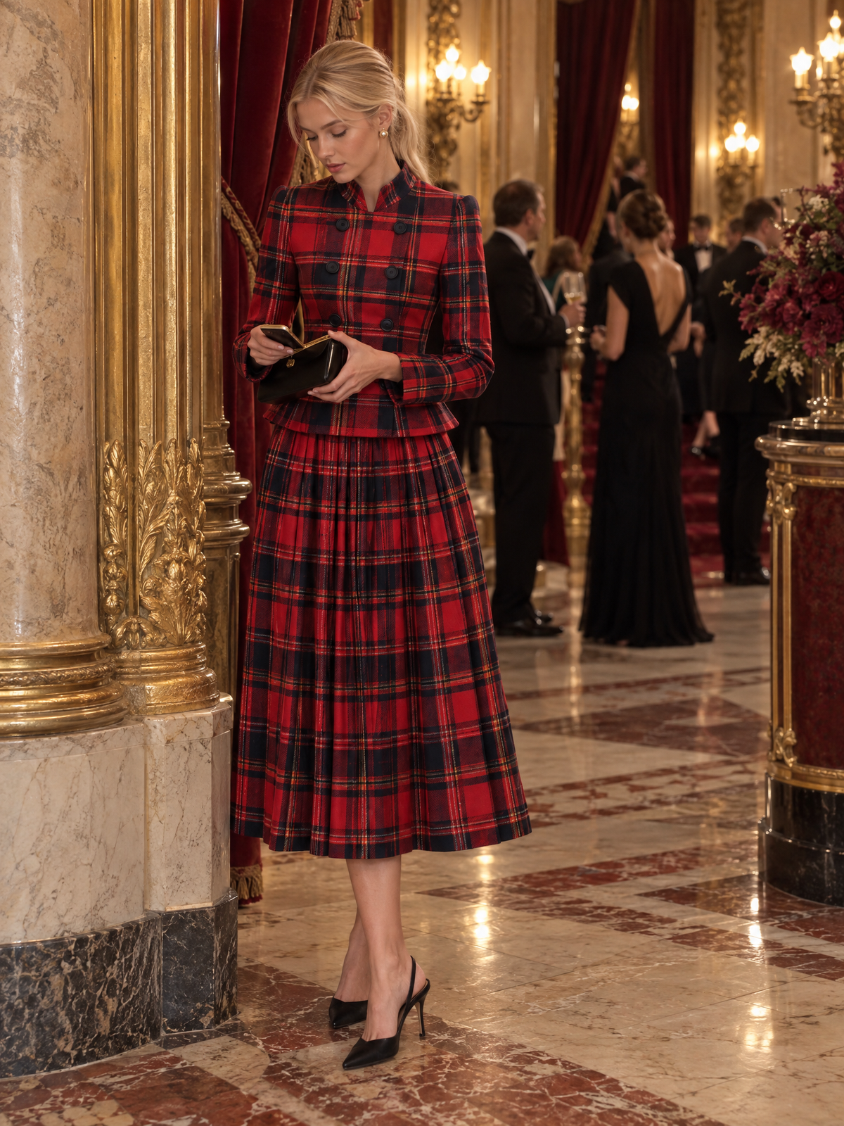 Conjunto Zafren vermelho de saia plissada com padrão tartan