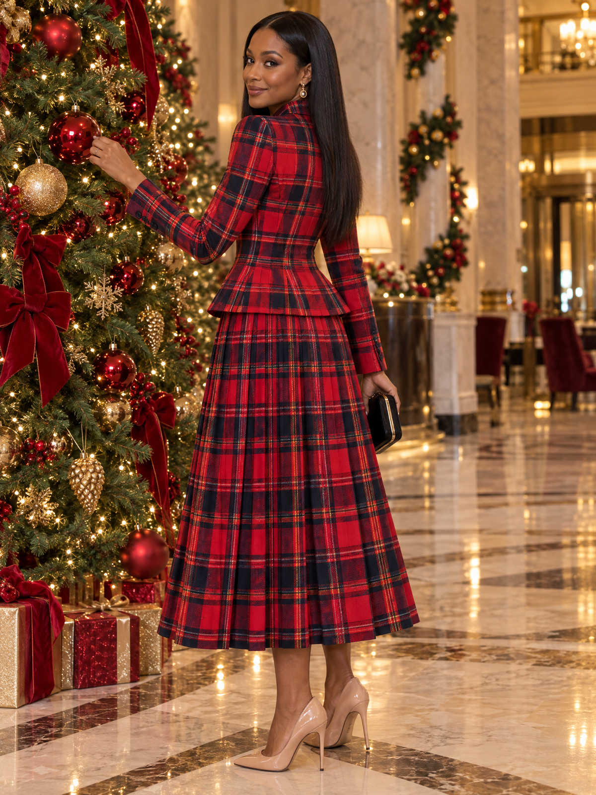 Conjunto Zafren vermelho de saia plissada com padrão tartan