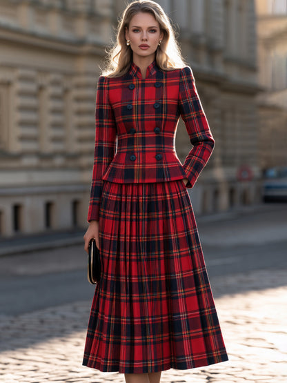Conjunto Zafren vermelho de saia plissada com padrão tartan