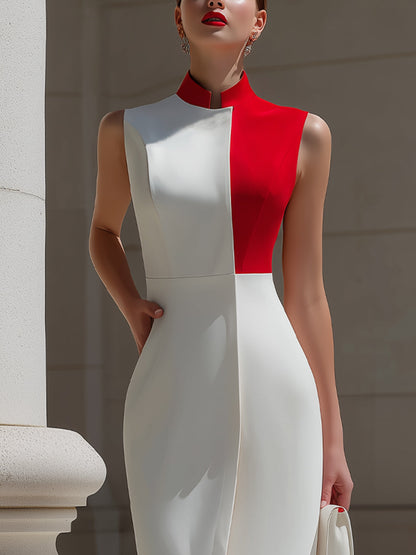 Rochie midi albă și roșie, cu blocuri de culoare, Zafren
