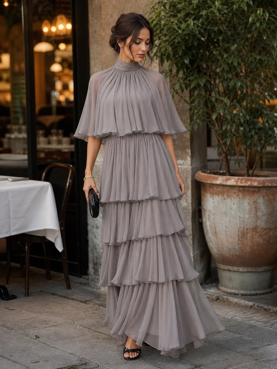 Zafren Taupe Tiered Cape Maxi Dress