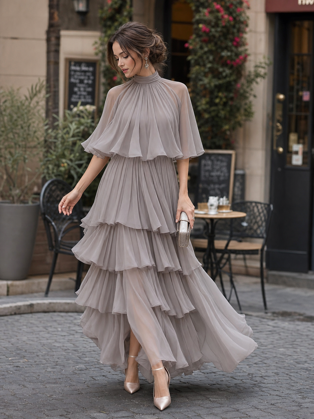 Zafren Taupe Tiered Cape Maxi Dress