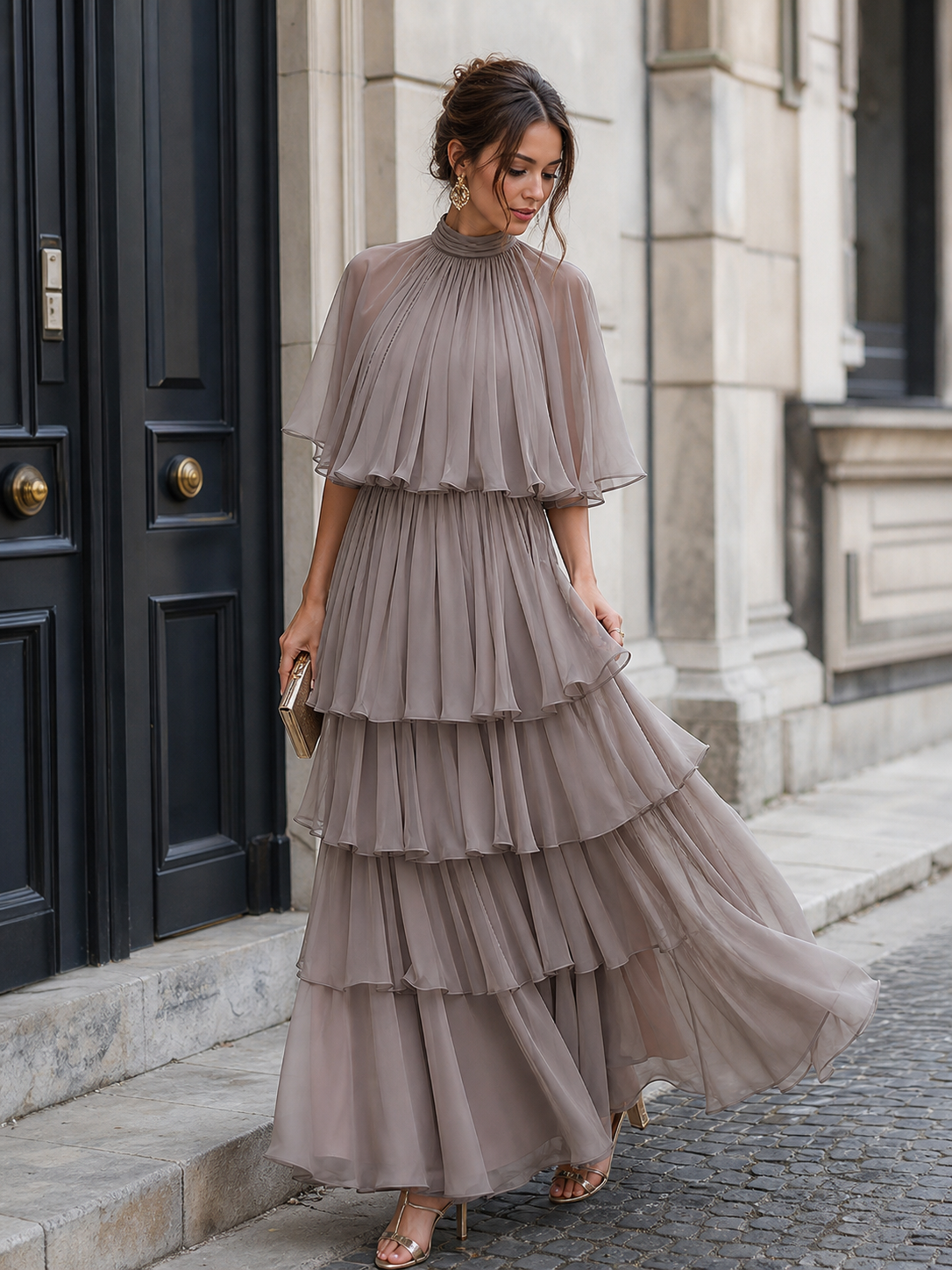 Zafren Taupe Tiered Cape Maxi Dress