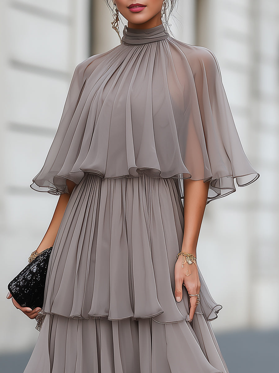 Zafren Taupe Tiered Cape Maxi Dress