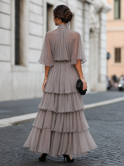 Zafren Taupe Tiered Cape Maxi Dress