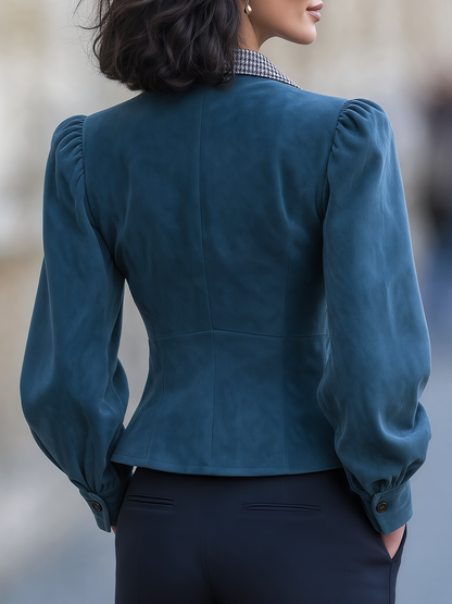 Chaqueta Zafren verde azulado de cuadros pata de gallo con cuello y mangas abullonadas