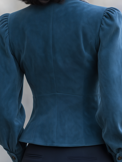 Chaqueta Zafren verde azulado de cuadros pata de gallo con cuello y mangas abullonadas