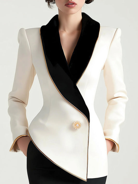 Zafren White Asymmetric Black Lapel Blazer