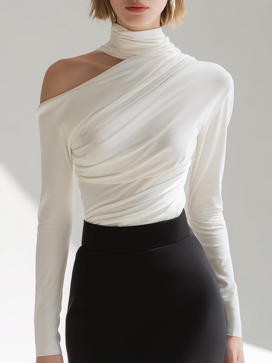 Zafren hvid bluse med asymmetrisk drapering og høj hals