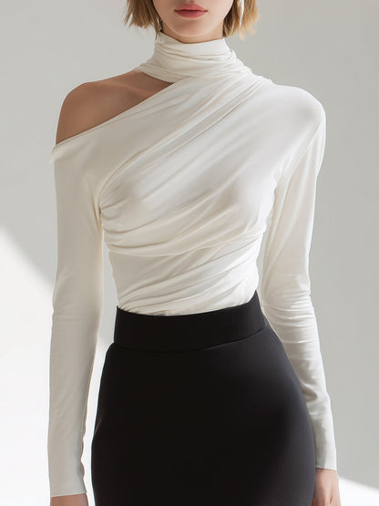 Zafren hvid bluse med asymmetrisk drapering og høj hals