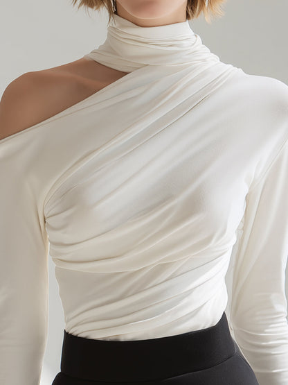 Zafren hvid bluse med asymmetrisk drapering og høj hals