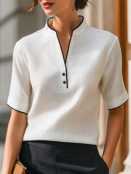 Zafren White Black-Trim Short Sleeve Blouse