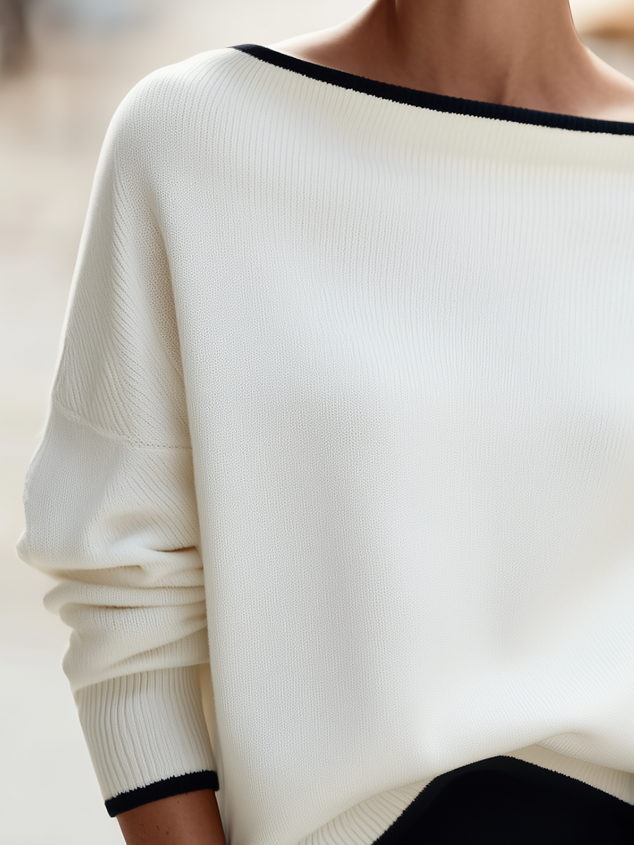 Zafren weißer Pullover mit U-Boot-Ausschnitt und Dolmanärmeln