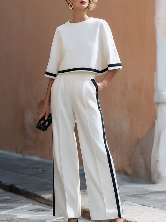 Zafren White Boxy Stripe Pants Set